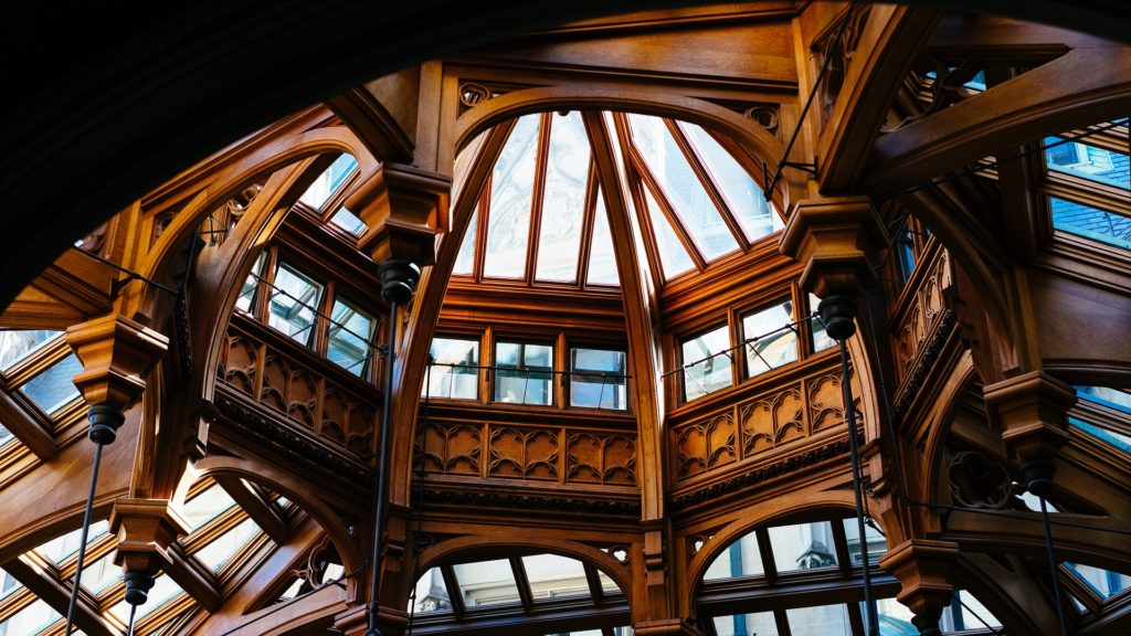 ornate, high, timber dome ceiling